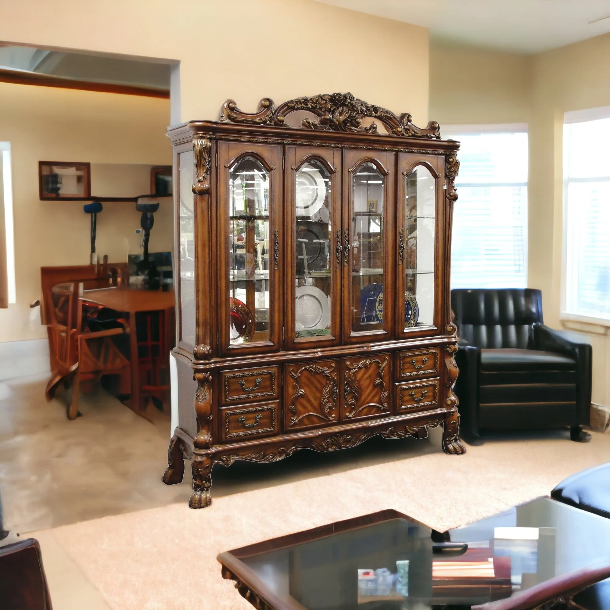 H6ecb12fb750848e3ba00916d9d3414a6J.webp HMS Cherry Oak Wood Poly Resin Glass Hutch Buffet 19" X 74" X 89" Elegant Display & China Cabinets - Image 1