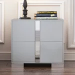 Modern gray nightstand with mirrored panel, metal feet, and two drawers – contemporary bedside table for bedroom or living room