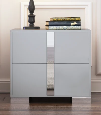 Modern gray nightstand with mirrored panel, metal feet, and two drawers – contemporary bedside table for bedroom or living room