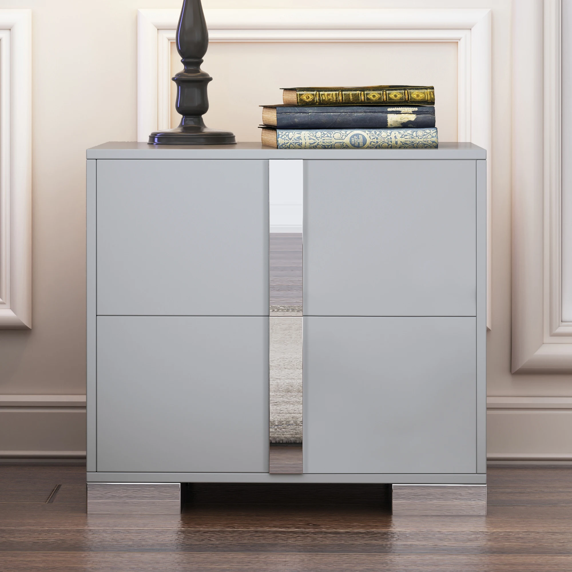 H6ed8a6ab1a3246ad940bbf3d0be5348ak.webp Modern gray nightstand with mirrored panel, metal feet, and two drawers – contemporary bedside table for bedroom or living room