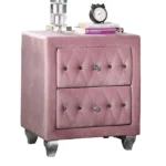 Pink velvet nightstand with two drawers and crystal knobs - modern luxury bedside table for bedroom