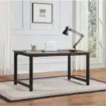 FCJ Large Office Gaming Desk 59.8-70.9 Inch Rustic Black Wooden Desk Modern Simple Style Legroom Metal Frame for Home Office