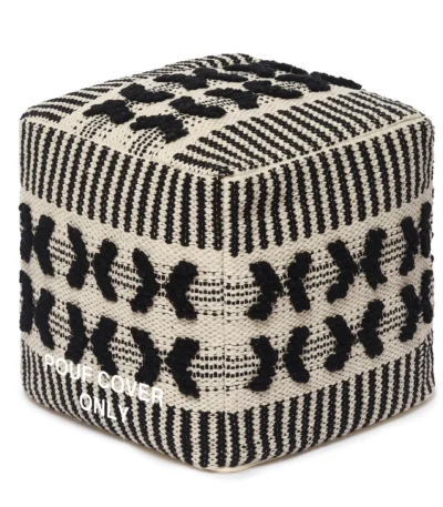 boho pouf ottoman cover handwoven cotton black natural textured floor cushion