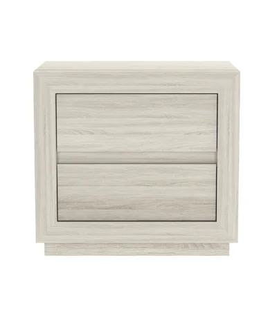Whitewashed oak nightstand with two drawers in modern minimalist style beside a bed in a bedroom
