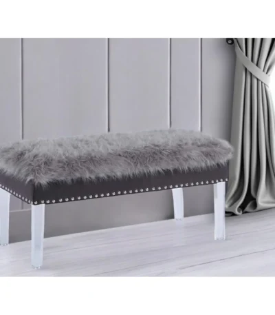 Faux fur storage bench with clear acrylic frame in gray – Goldoma modern entryway bench with hidden storage compartment