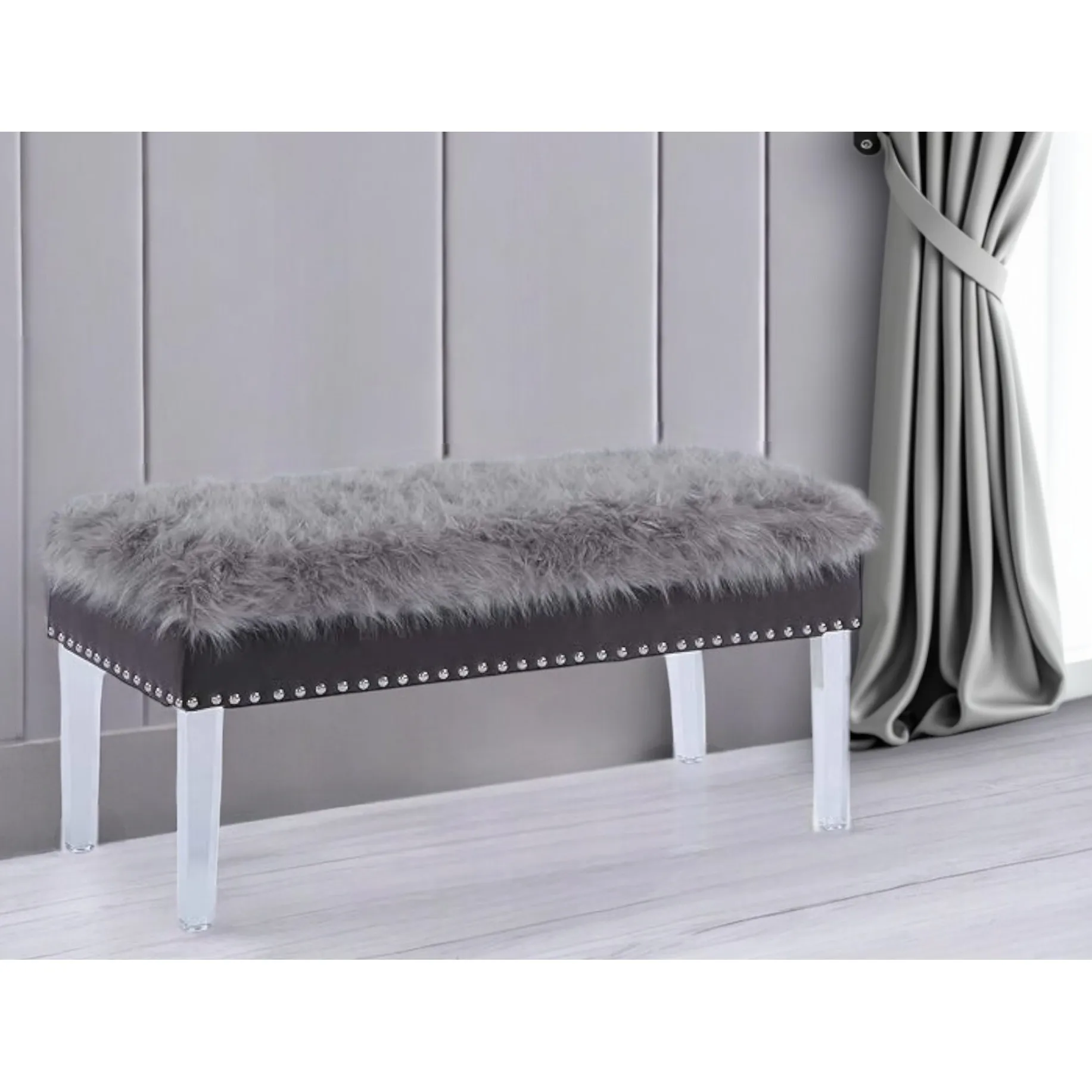 H6f3771f217b4482dbc43eae4bc20a6f0L.webp Faux fur storage bench with clear acrylic frame in gray – Goldoma modern entryway bench with hidden storage compartment