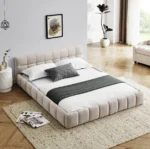 Goldoma adjustable queen size bed with chenille upholstered headboard and oak frame in modern bedroom setting
