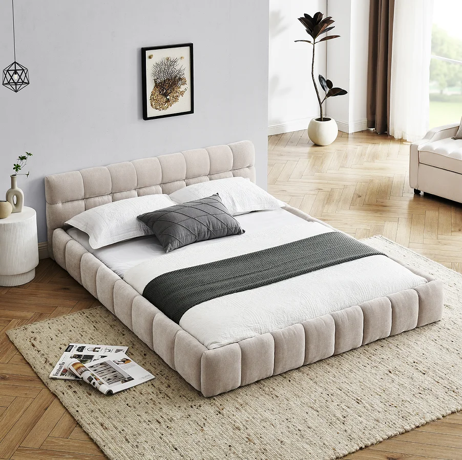 H6f42768ecb6d4c4fb09718ec33326a57p.webp Goldoma adjustable queen size bed with chenille upholstered headboard and oak frame in modern bedroom setting