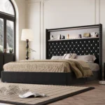 Queen size velvet tufted storage bed frame with 52-inch headboard, USB port and night light in a modern bedroom
