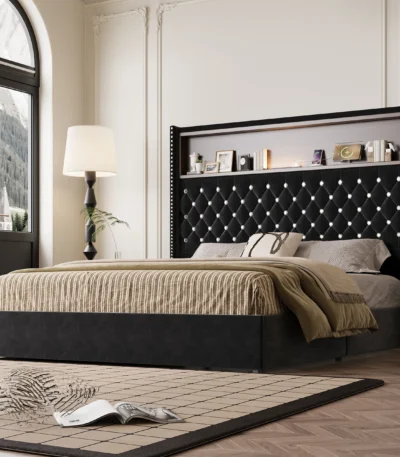 Queen size velvet tufted storage bed frame with 52-inch headboard, USB port and night light in a modern bedroom