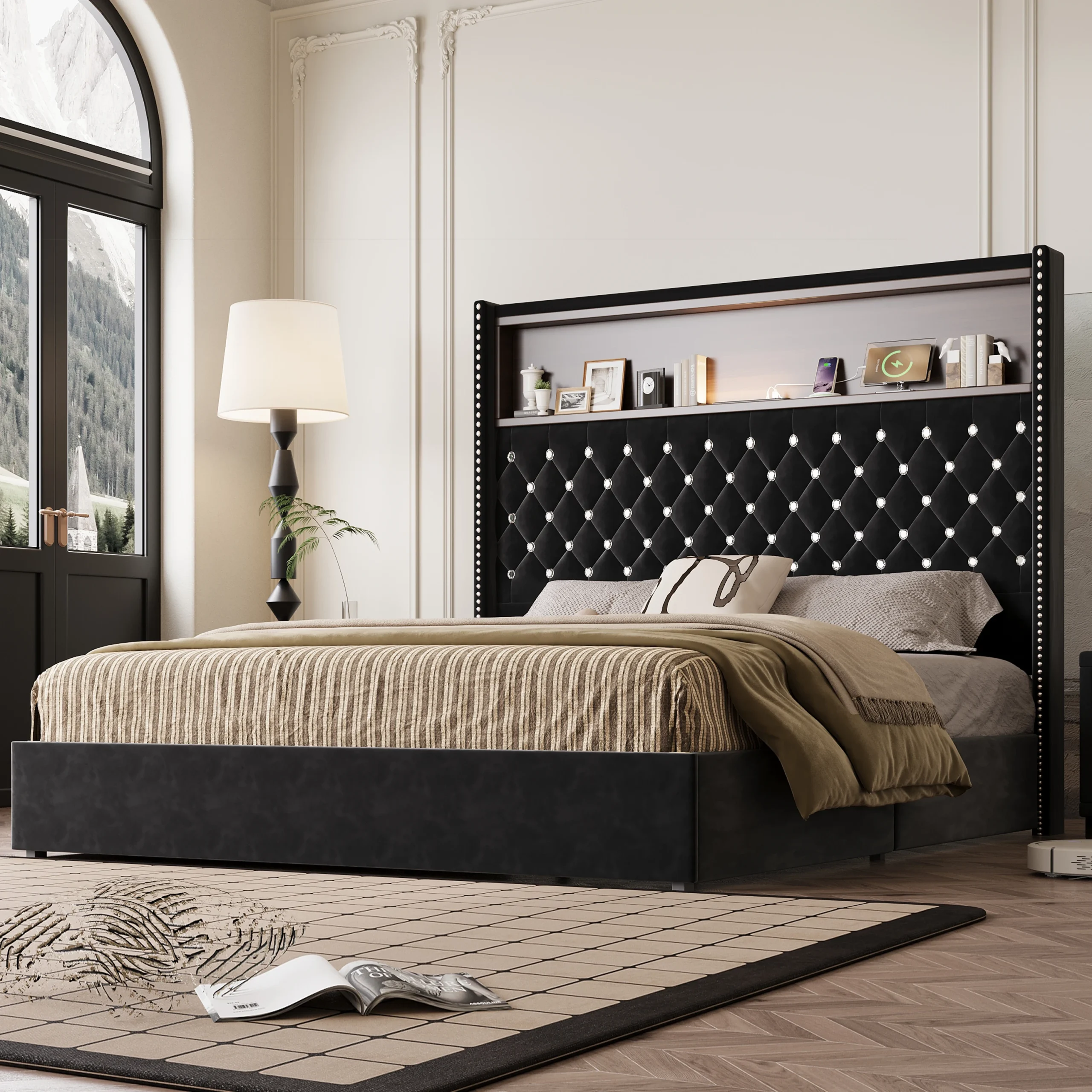 H6f49240e8e624ac5a5738b0e03cc3f30J.webp Queen size velvet tufted storage bed frame with 52-inch headboard, USB port and night light in a modern bedroom
