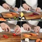 Damascus chef knife set with Pakka wood handles on cutting board