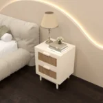 Modern bedside nightstand with charging station in white and natural finish, featuring two drawers and solid wooden legs