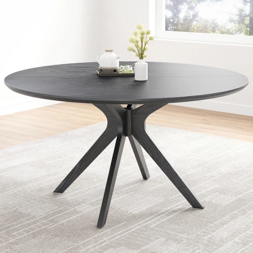 H6f5c4b47057b42d289d4d2c107e4c99dn.webp Solid walnut round dining table for 6 with intersecting pedestal base in a cozy dining room