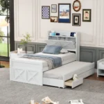 Goldoma twin storage bed with trundle, drawers, and built-in outlets in a modern bedroom