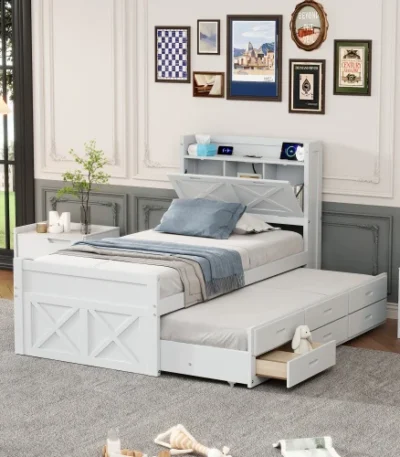 Goldoma twin storage bed with trundle, drawers, and built-in outlets in a modern bedroom