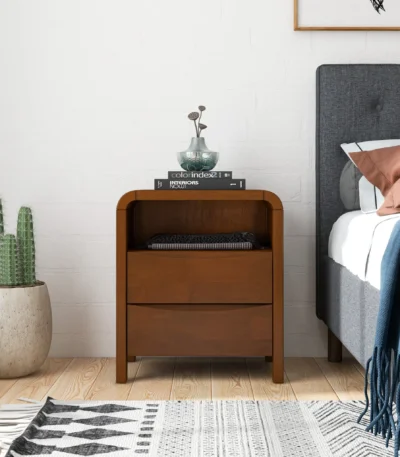 Mid century nightstand solid wood with two drawers in warm brown finish