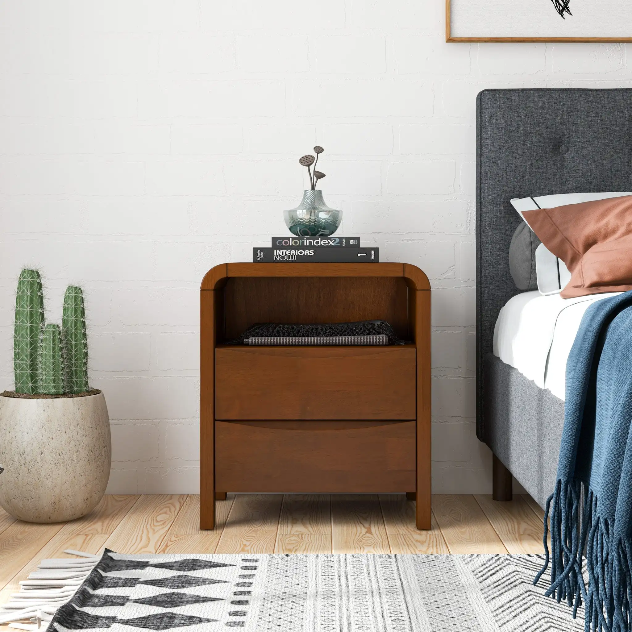 H6fa2aae6e0ea4df0805676151fe8b5e7K.webp Mid century nightstand solid wood with two drawers in warm brown finish