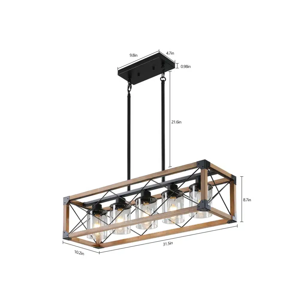 Ship From USA,32" Walnut Industrial Farmhouse Rectangle Pendant Light, 5-Light Chandelier with Lampshades (No Bulbs)