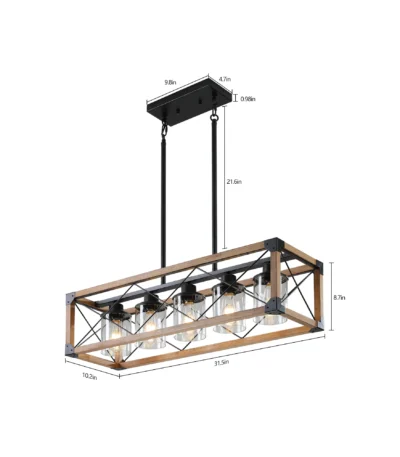 Ship From USA,32" Walnut Industrial Farmhouse Rectangle Pendant Light, 5-Light Chandelier with Lampshades (No Bulbs)
