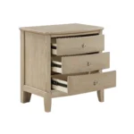 Classic farmhouse nightstand in beige wood finish with three drawers - Goldoma