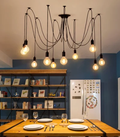 Vintage Industrial Multi-Arms Spider Pendant Lamp Black Metal Creative Ceiling Chandelier with Wire Hanging Light for