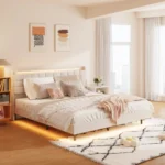 King floating bed frame with LED lighting and charging station in a modern bedroom