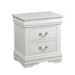 Traditional White 2-Drawer Nightstand with drawers open showing wooden bedroom furniture