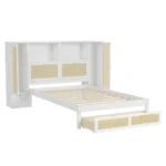 Goldoma twin storage bed with two lockers, drawer, and headboard shelf in natural rattan white finish