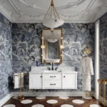 Pre-assembled bathroom vanity cabinet with a dark wood finish, open doors revealing storage shelves, set against a