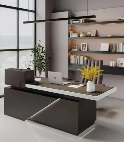 Free Shipping US Warehouse in Stock 78" Executive Desk with Drawers - L Shaped Desk Black Executive Office Desks with LED