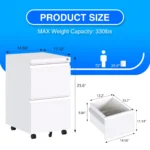 Pre-Assembled 5-Caster White FCJ Mobile 2-Drawer File Cabinet Metal Rolling Hanging Folders for Legal Letter Size for Home
