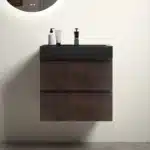 Goldoma Homein 24 in walnut black bathroom vanity with sink, wall mounted, front view showing melamine cabinet and soft