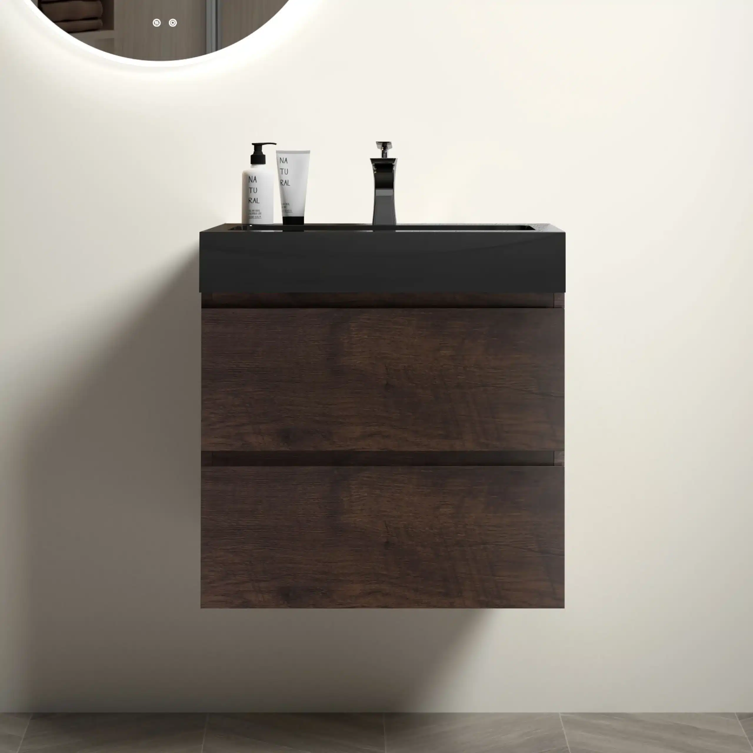 Goldoma Homein 24 in walnut black bathroom vanity with sink, wall mounted, front view showing melamine cabinet and soft