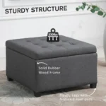 Gray tufted storage ottoman with flip top lid and hidden storage in a modern living room