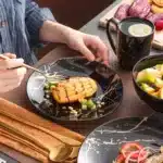 2021 LOVECASA Black 16/32/48 Piece Procelain Dinnerware Set Design By Gold Splash with Dinner Plate,Cake plate,Bowls,Coffee