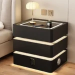Cream solid wood nightstand with LED sensor light and three drawers in modern bedroom