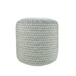 Goldoma 20-inch blue geometric pouf ottoman on a patio, showcasing its round shape and polyester fabric