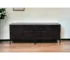 Modern black console table with solid wood top and iron base in living room