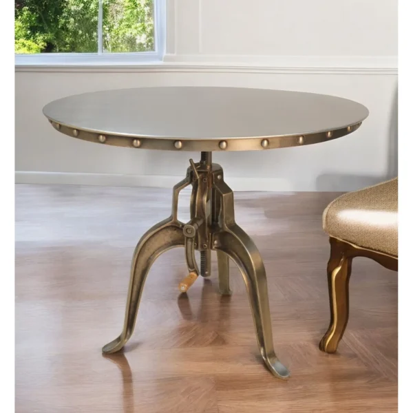 Adjustable Height Round Dining Table with Antiqued Nickel Pedestal Base