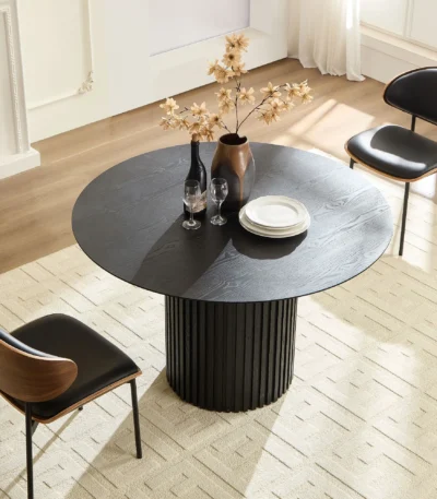 Mid-Century Modern round dining table in black MDF with wood legs, 46.45 inch, perfect for family dining
