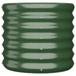 Set of large outdoor planters in green powder-coated steel arranged on a patio with plants