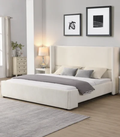 Goldoma King Size Upholstered Platform Bed with wave headboard in modern bedroom