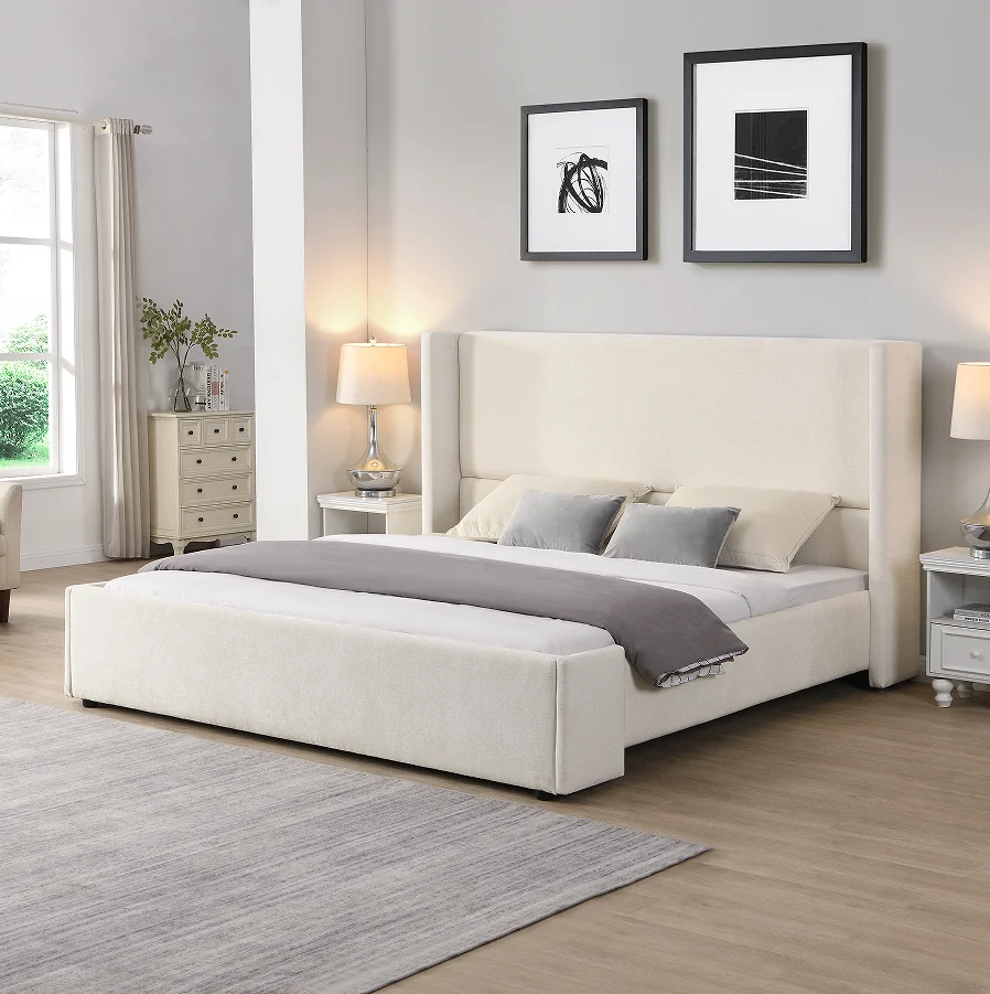 H7212be0bdc1d4ce7a8bf048a133e9930t.webp Goldoma King Size Upholstered Platform Bed with wave headboard in modern bedroom