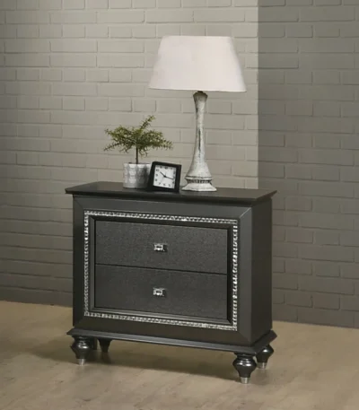 Transitional metallic gray nightstand with two drawers and wood construction, perfect for bedroom storage