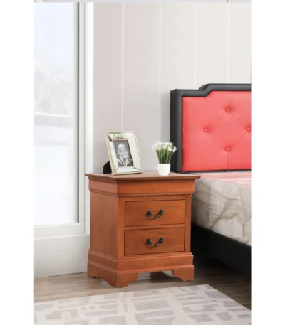 Classic oak nightstand with two drawers in a bedroom setting – elegant storage solution