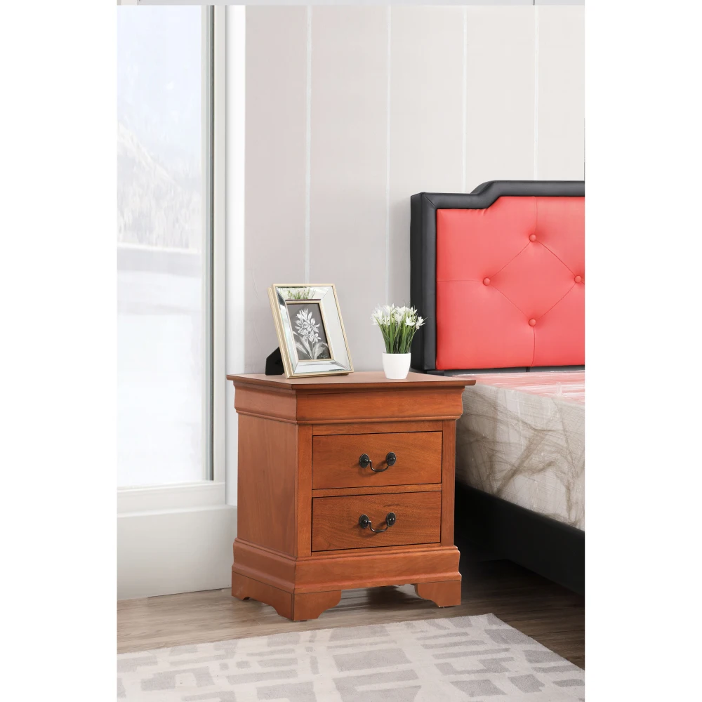 Oak wood nightstand with two drawers in a cozy bedroom setting