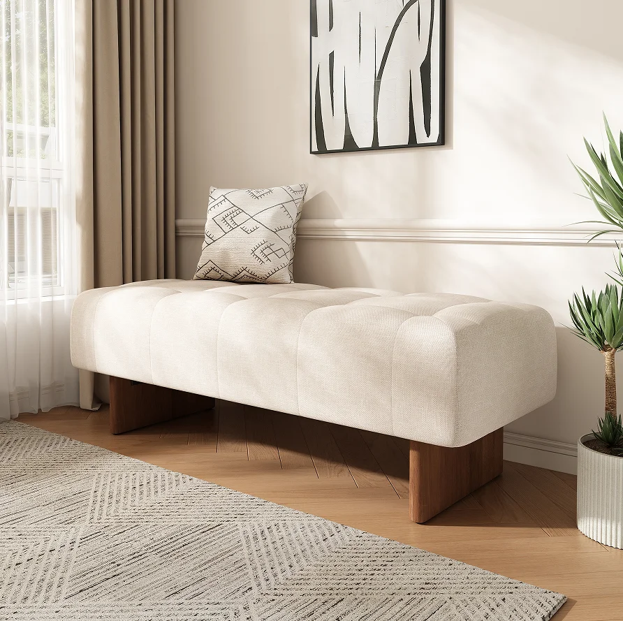 H722c8cd95b8041feb16cd893cd8e69a6k.webp Goldoma modern tufted linen bench with solid wood legs and button tufting in a living room setting