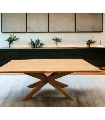 Goldoma rustic pedestal dining table in natural solid pine wood, 79 inch size for 8 people