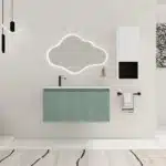 Green and white 36-inch bathroom vanity with drop-shaped basin, floating on wall, two soft-close doors closed.